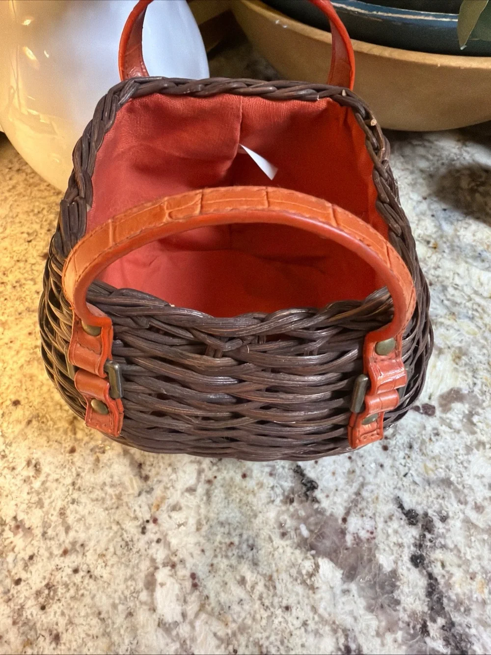 Wicker Basket Orange Cloth Lining Leather Straps Brass Hardware Small Decor